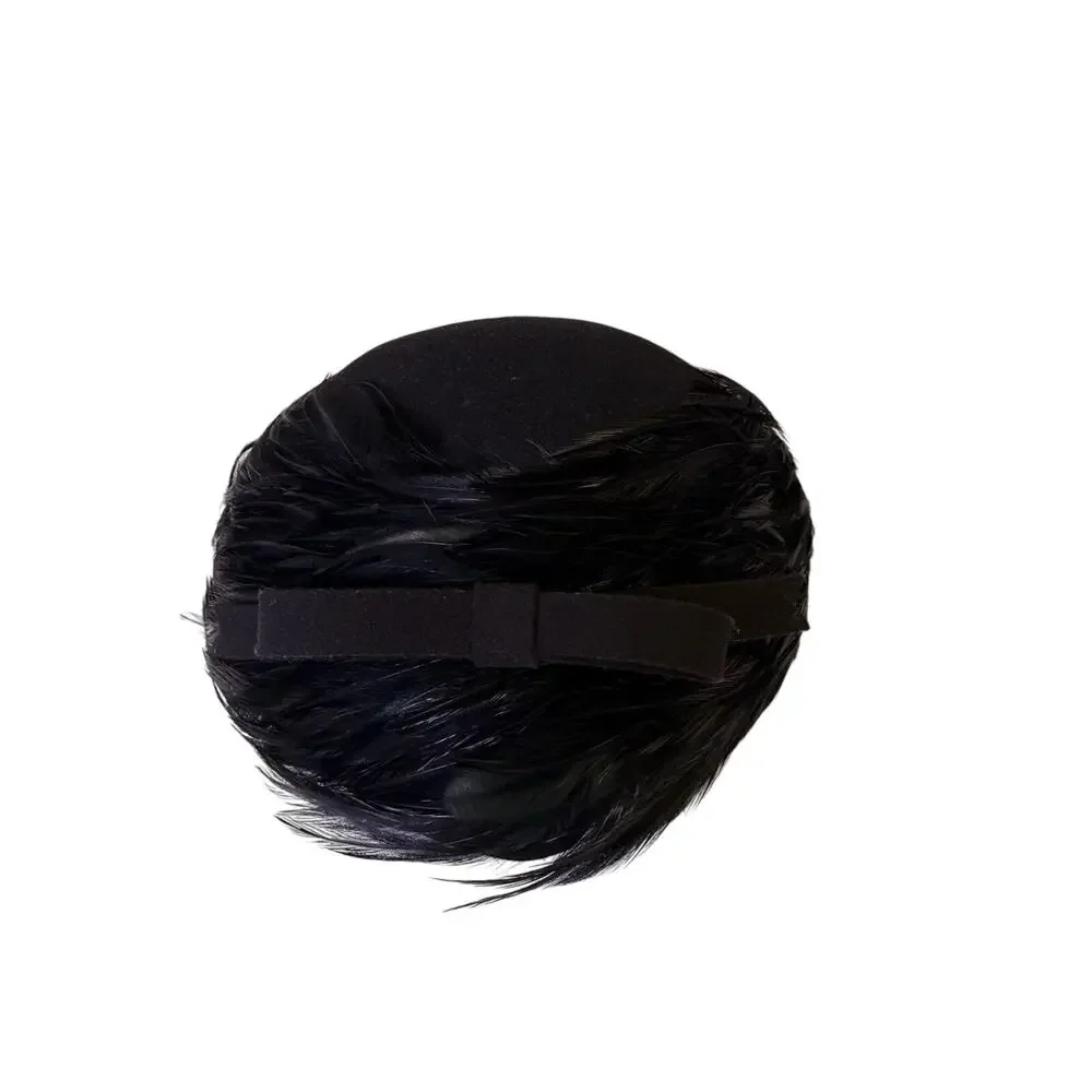 Vintage Mr. John Moderne Black Feather Pillbox Hat Fascinator Bow Accent